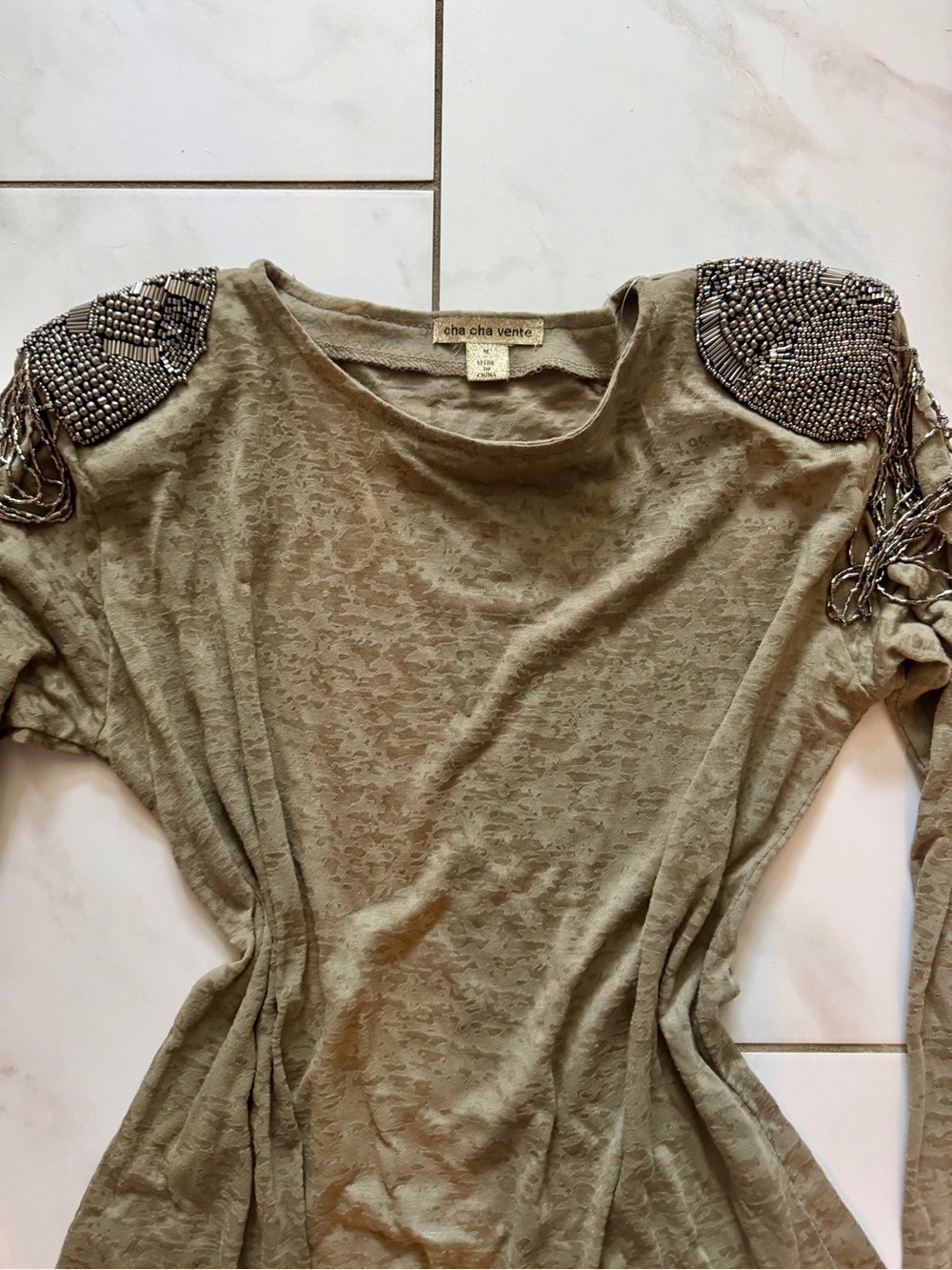 cha cha vente Olive Green Long-Sleeve Top with Beaded Fringe Shoulders
